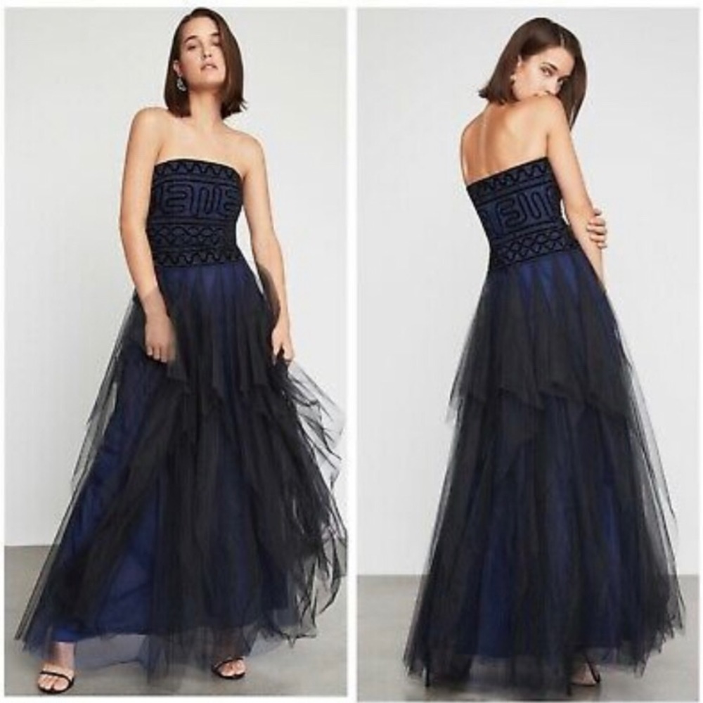 BCBGMAXAZRIA Black Navy Embroidered Tulle Dress Sz 8